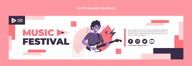 Vector gratuito diseño plano del banner de twitch del festival de música.