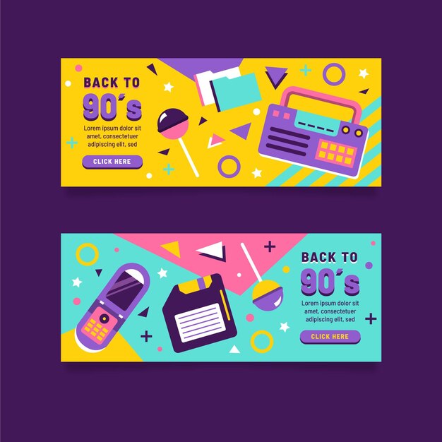 Diseño plano de banners nostálgicos de los 90.