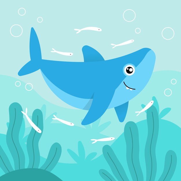 Diseño plano bebé tiburón y pececito