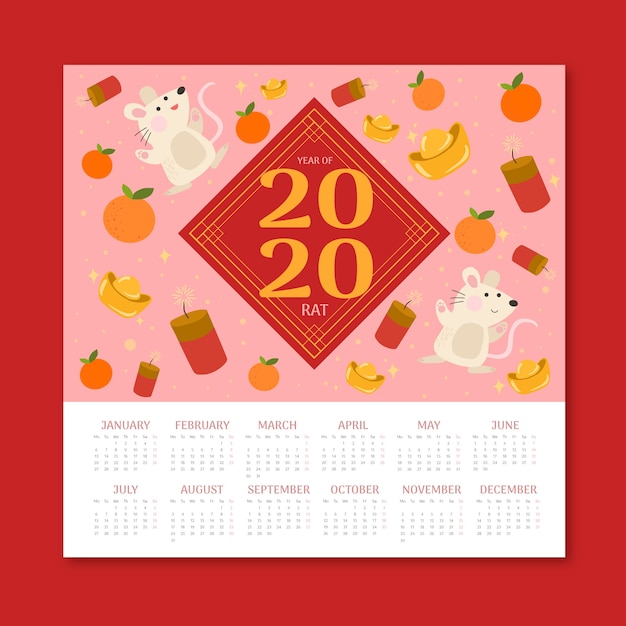 Diseño plano del calendario del año nuevo chino