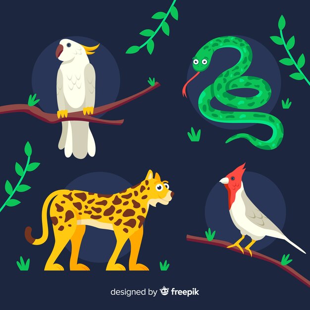 Diseño plano de colección de animales tropicales