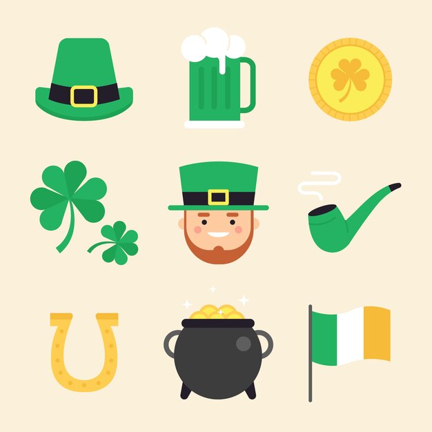 Diseño plano de la colección de elementos del día de san patricio