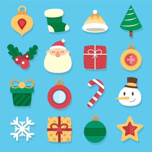 Diseño plano de colección de elementos navideños