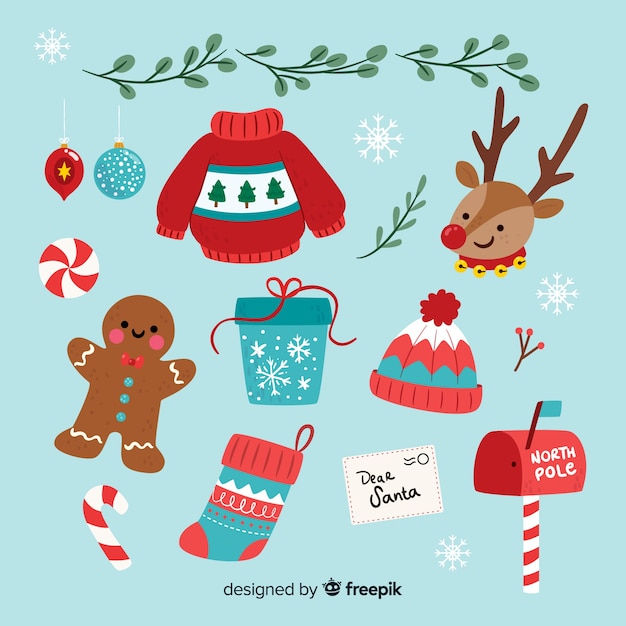 Diseño plano de la colección de elementos navideños.