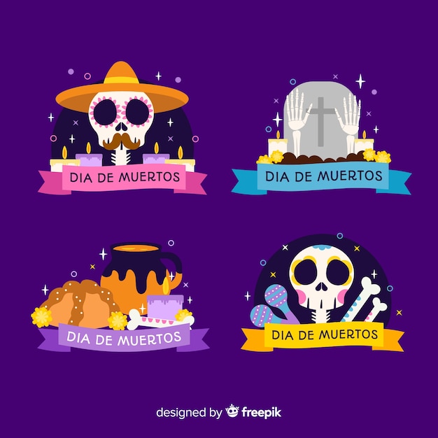 Diseño plano de la colección de etiquetas dia de muertos