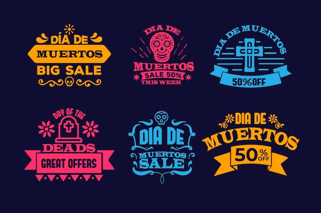 Diseño plano colección de etiquetas del día de los muertos.