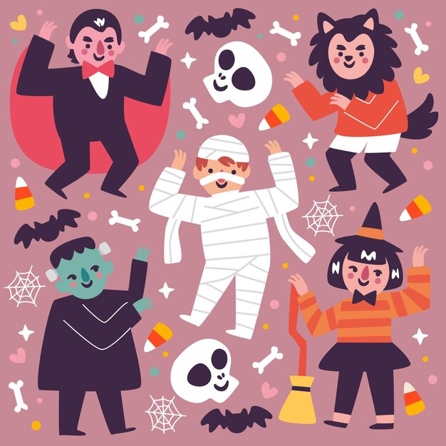 Diseño plano de la colección de niños de Halloween