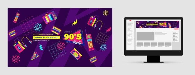 Diseño plano colorido arte del canal de youtube de la fiesta de los 90