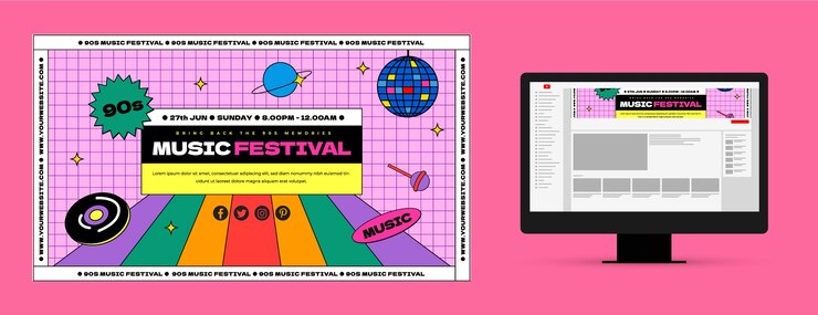 Vector gratuito diseño plano colorido arte del canal de youtube de la fiesta de los 90