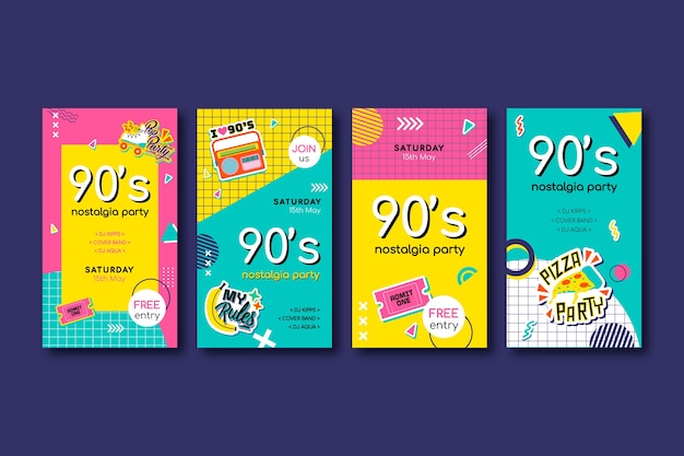 Diseño plano colorido de las historias de instagram de la fiesta de los 90