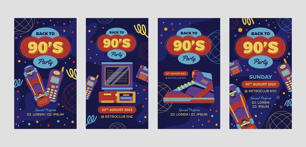 Diseño plano colorido de las historias de instagram de la fiesta de los 90