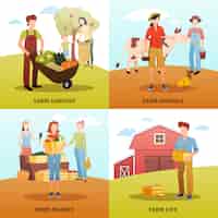 Vector gratuito diseño plano concepto de diseño 2x2 con familias que viven y trabajan en una granja durante el otoño
