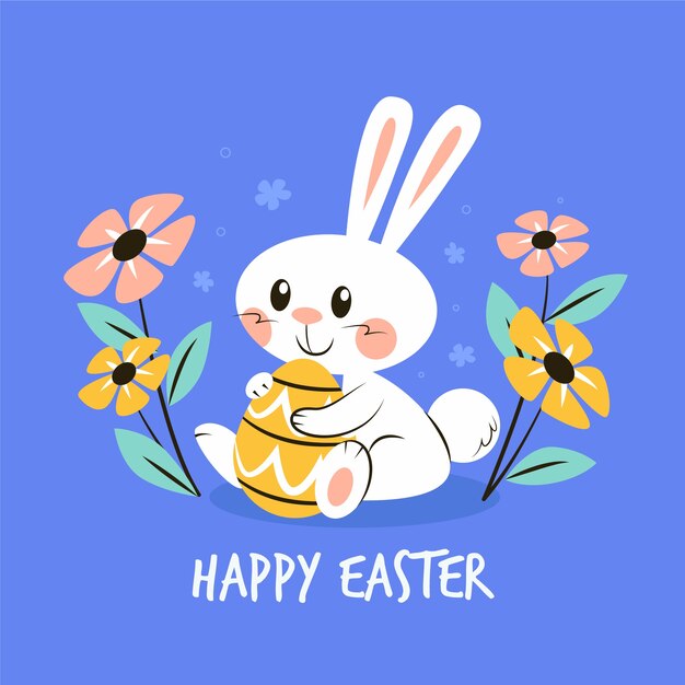 Diseño plano conejito del día de pascua sosteniendo un huevo