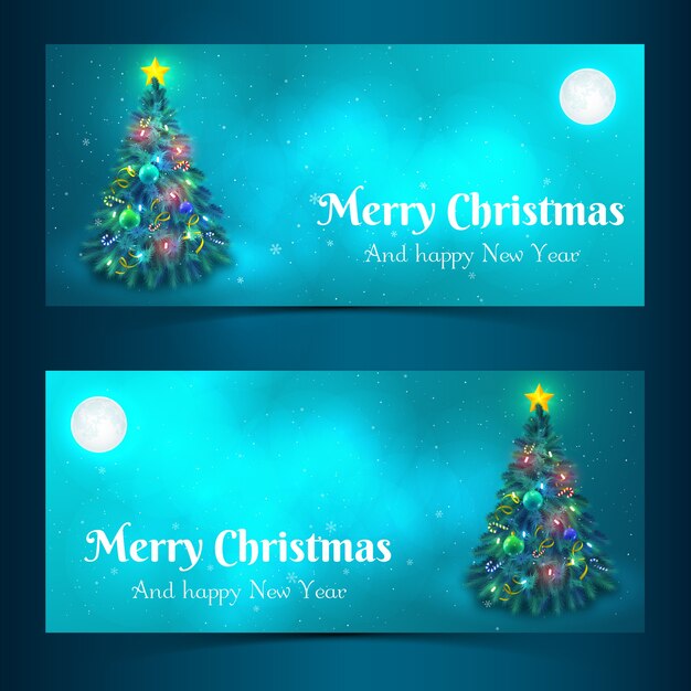 Diseño plano decorado árbol de Navidad en banderas de luz de la luna aislado ilustración vectorial