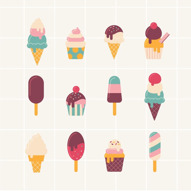 Diseño plano de deliciosa colección de helados.
