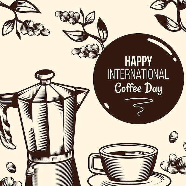 Diseño plano día internacional del café con cafetera.