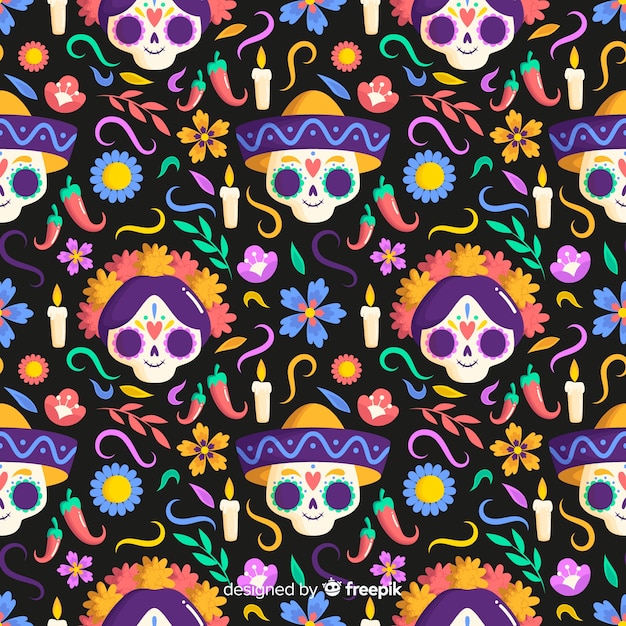 Diseño plano dia de muertos de patrones sin fisuras