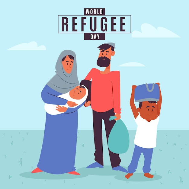 Diseño plano del día mundial de los refugiados con la familia