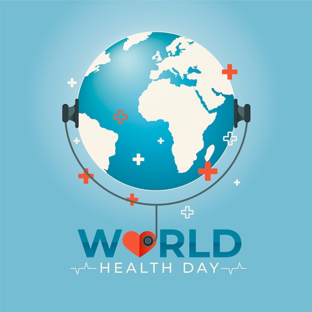 Diseño plano día mundial de la salud escuchando el estetoscopio