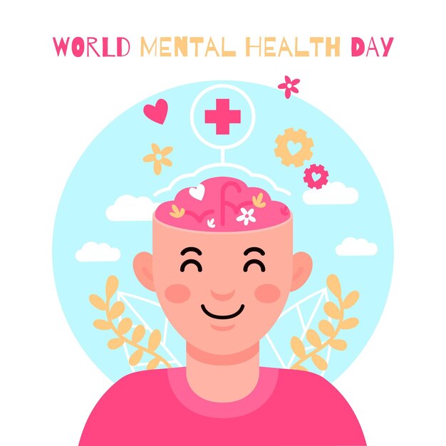 Diseño plano día mundial de la salud mental con hombre y hojas.