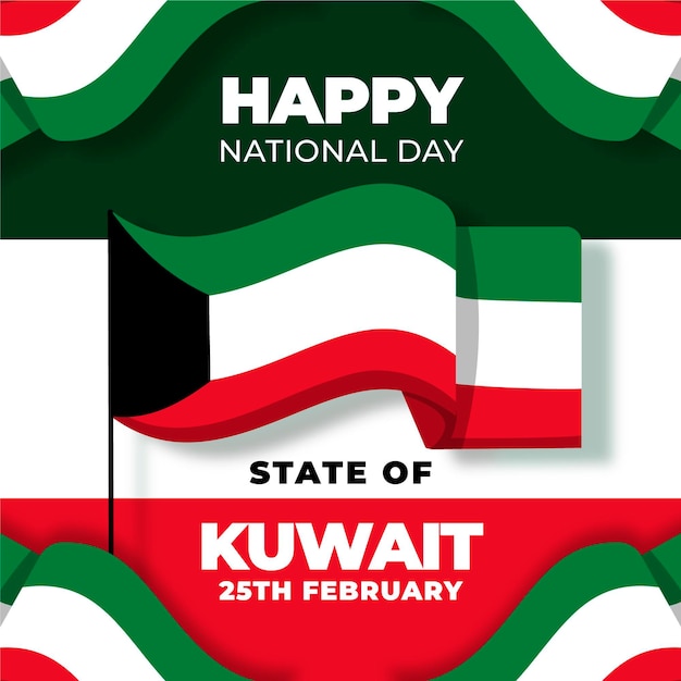 Vector gratuito diseño plano día nacional de kuwait con bandera ondulada