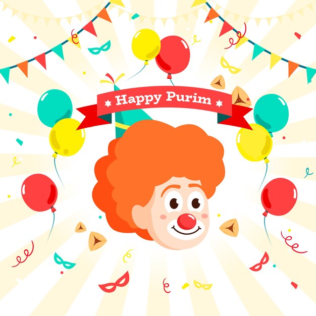 Diseño plano día purim con globos y guirnaldas