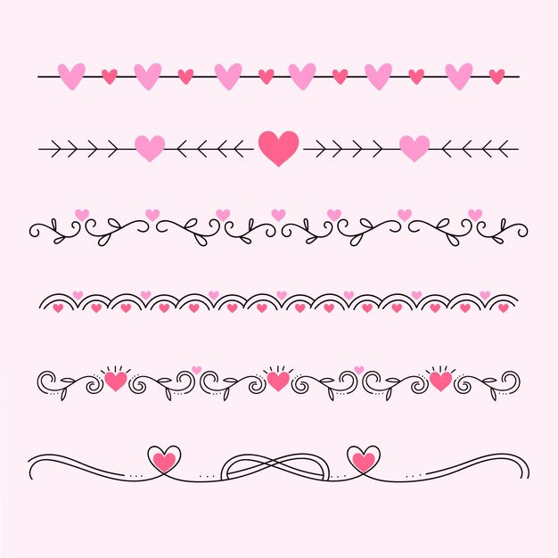 Diseño plano dibujado a mano con bordes y marcos de corazones