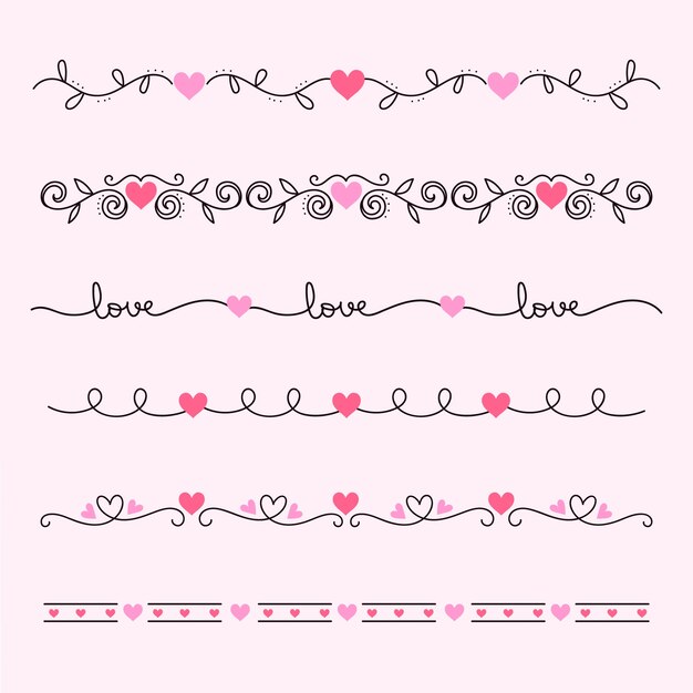Diseño plano dibujado a mano con bordes y marcos de corazones
