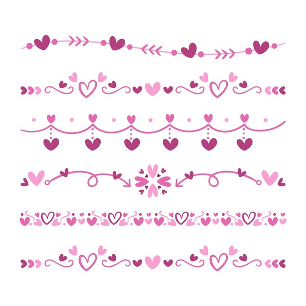 Diseño plano dibujado a mano con bordes y marcos de corazones