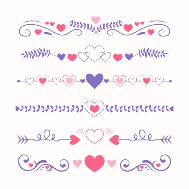 Diseño plano dibujado a mano con bordes y marcos de corazones