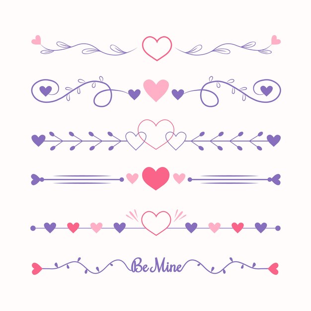 Diseño plano dibujado a mano con bordes y marcos de corazones