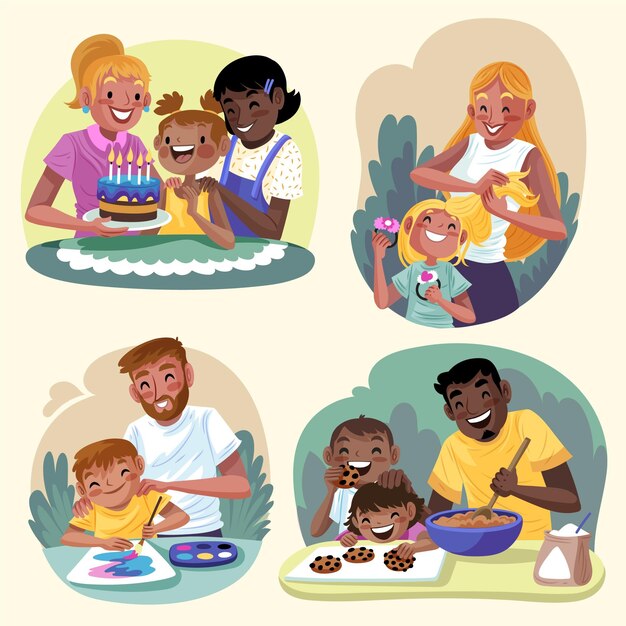Diseño plano dibujado a mano de escenas familiares.