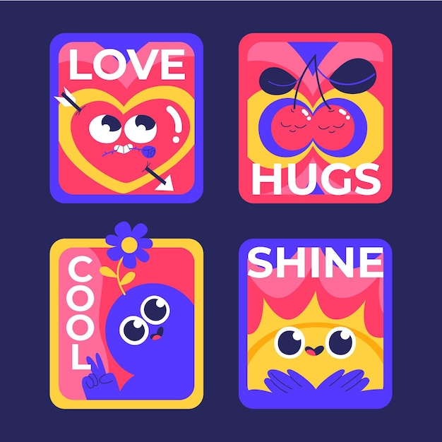 Diseño plano dibujado a mano de insignias y etiquetas de dibujos animados de moda
