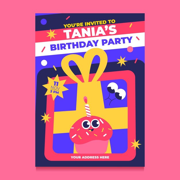 Vector gratuito diseño plano dibujado a mano de invitación de cumpleaños de dibujos animados de moda