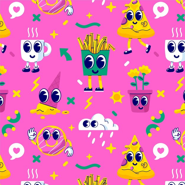 Diseño plano dibujado a mano de patrón de dibujos animados de moda