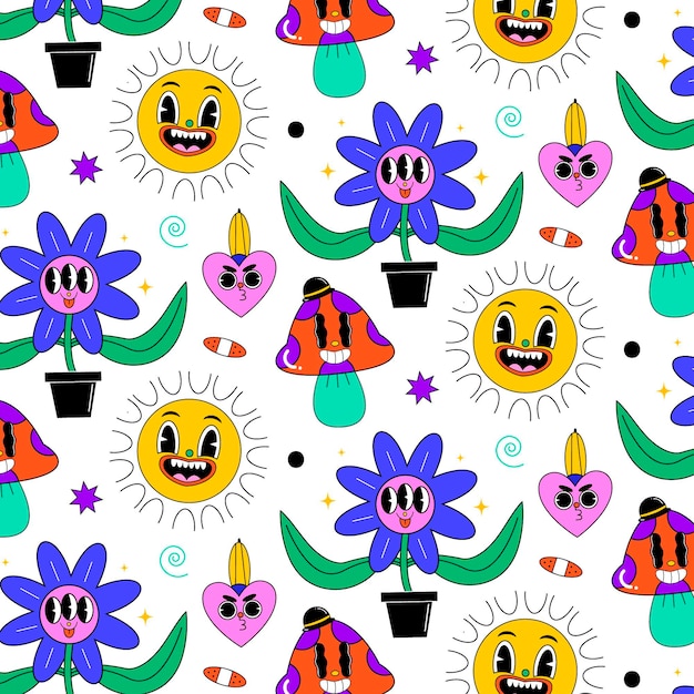 Diseño plano dibujado a mano de patrón de dibujos animados de moda