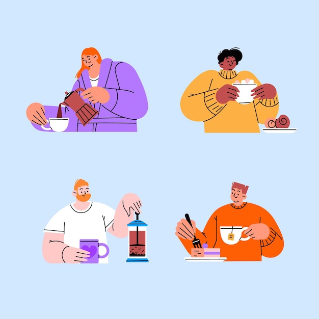Diseño plano dibujado a mano de personas con bebidas calientes.