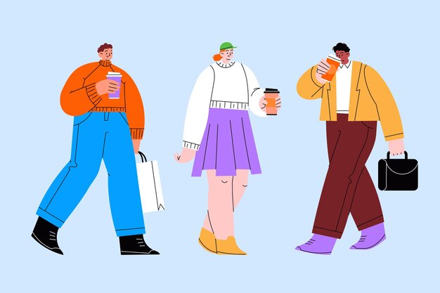 Diseño plano dibujado a mano de personas con bebidas calientes.