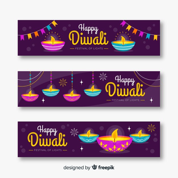 Diseño plano diwali web banners