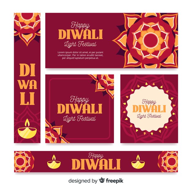 Diseño plano diwali web banners