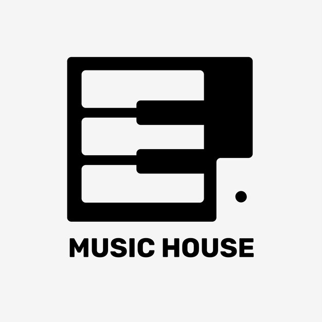 Diseño plano editable del vector del logotipo de la tecla del piano con el texto de la casa de la música en blanco y negro