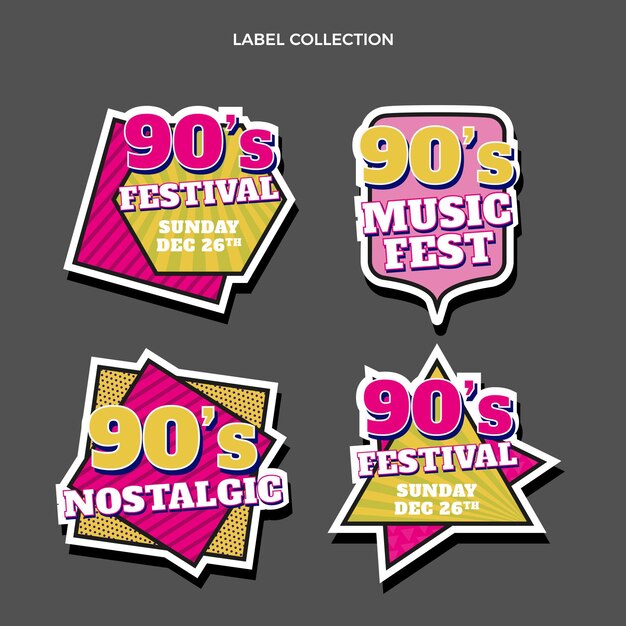 Diseño plano etiquetas de festivales de música nostálgica de los 90.