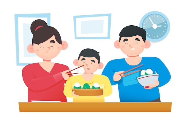 Diseño plano familia comiendo zongzi