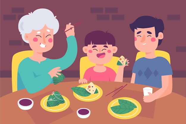 Diseño plano familia comiendo zongzi