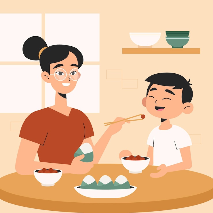 Vector gratuito diseño plano familia comiendo zongzi