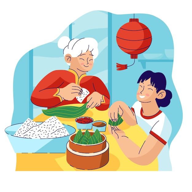 Diseño plano familia preparando zongzi