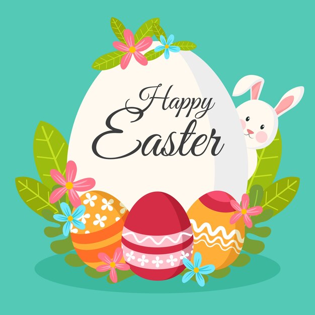 Diseño plano feliz conejito del día de pascua escondiéndose detrás del huevo grande