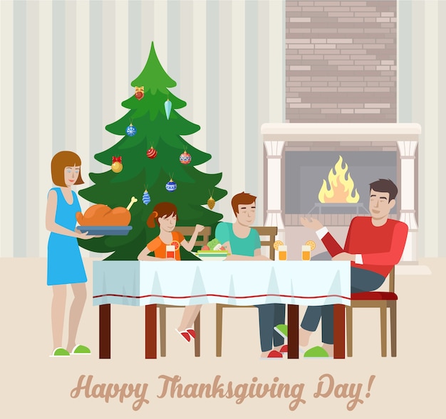 Diseño plano Feliz día de acción de gracias tarjeta de felicitación postal, familia en la mesa festiva con chimenea, Turquía. Colección plana de vacaciones.