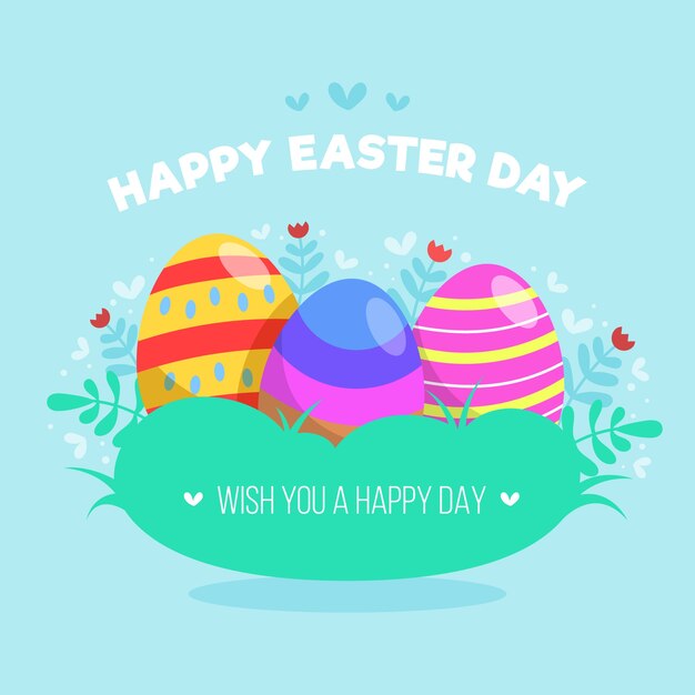 Diseño plano feliz día de pascua coloridos huevos y hojas