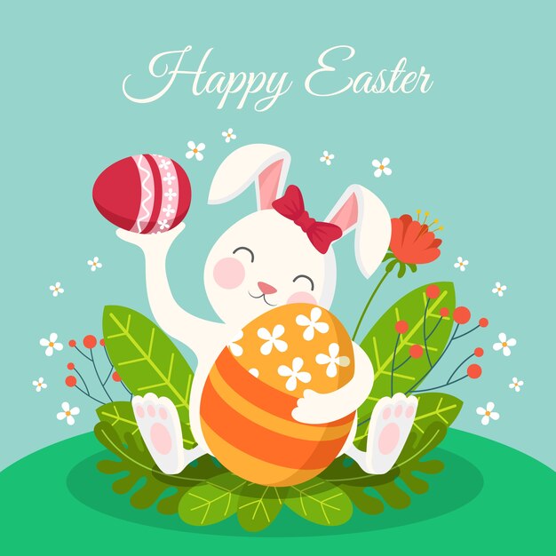 Diseño plano feliz día de pascua conejito con huevos